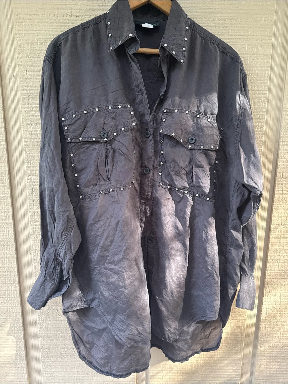 Vintage Varda Garfinkel Silk Crystal Studded Dark Black Button Up Blouse Top XS
